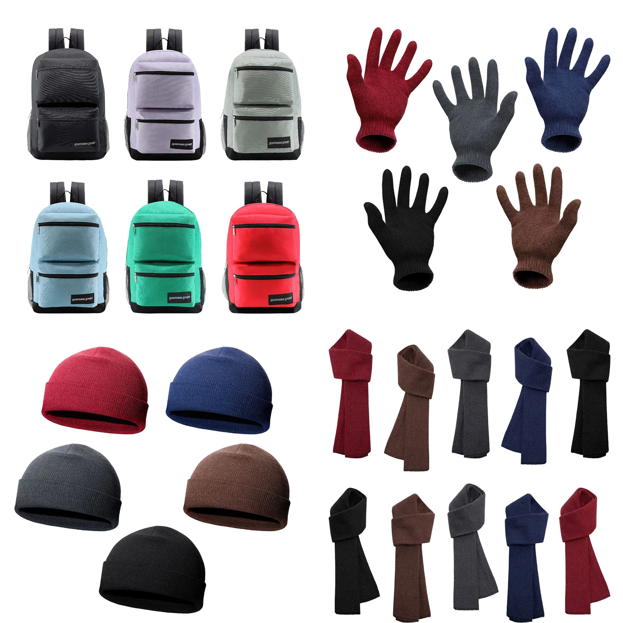 12 Deluxe 17" Backpacks & Your Choice of 12 Winter Item Sets - Wholesale Care Package: Homeless, Emergency, Charity