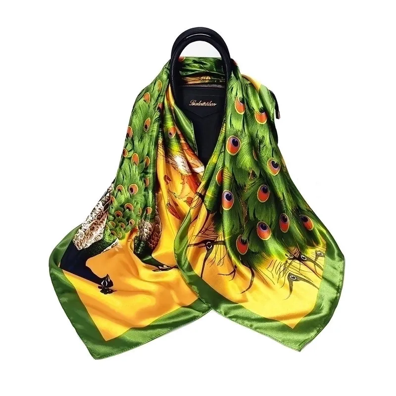90cm Spring New Simulation Silk Square Scarf Peacock Ladies Leisure Travel Silk Scarf Shawl Headscarf