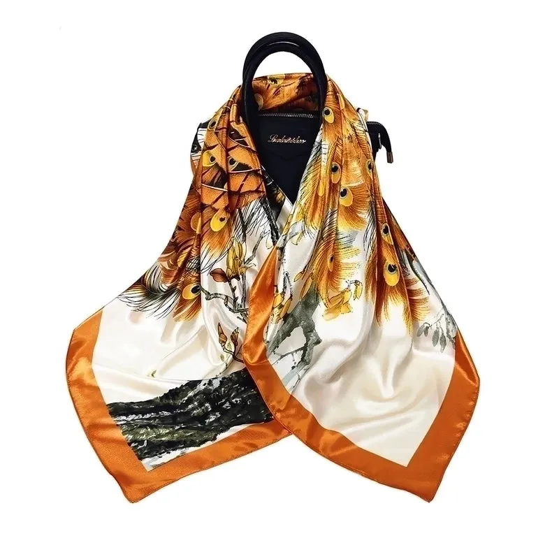 90cm Spring New Simulation Silk Square Scarf Peacock Ladies Leisure Travel Silk Scarf Shawl Headscarf