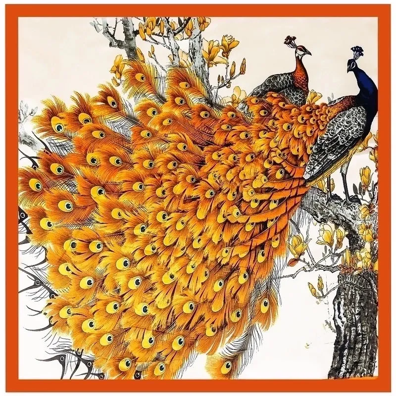 90cm Spring New Simulation Silk Square Scarf Peacock Ladies Leisure Travel Silk Scarf Shawl Headscarf