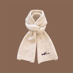 Adorable Puppy Embroidery Scarf - Soft Knit Design - Beige - Gray - Cozy Winter Warmth
