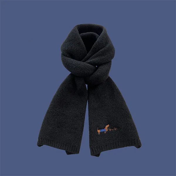Adorable Puppy Embroidery Scarf - Soft Knit Design - Beige - Gray - Cozy Winter Warmth
