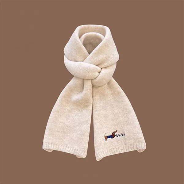 Adorable Puppy Embroidery Scarf - Soft Knit Design - Beige - Gray - Cozy Winter Warmth