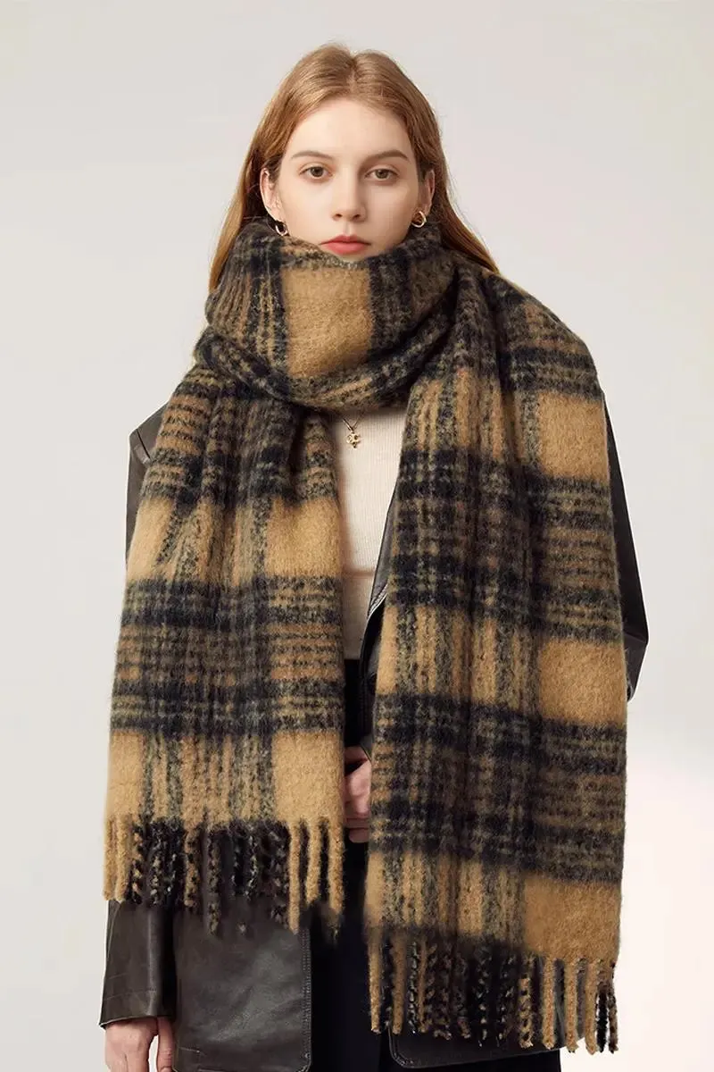 Chunky Oversized Wool Blend Plaid Blanket Scarf