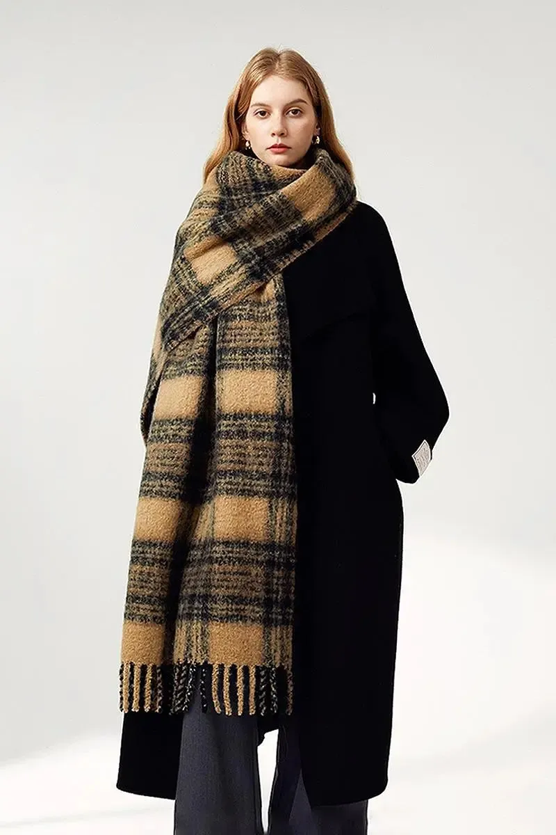 Chunky Oversized Wool Blend Plaid Blanket Scarf