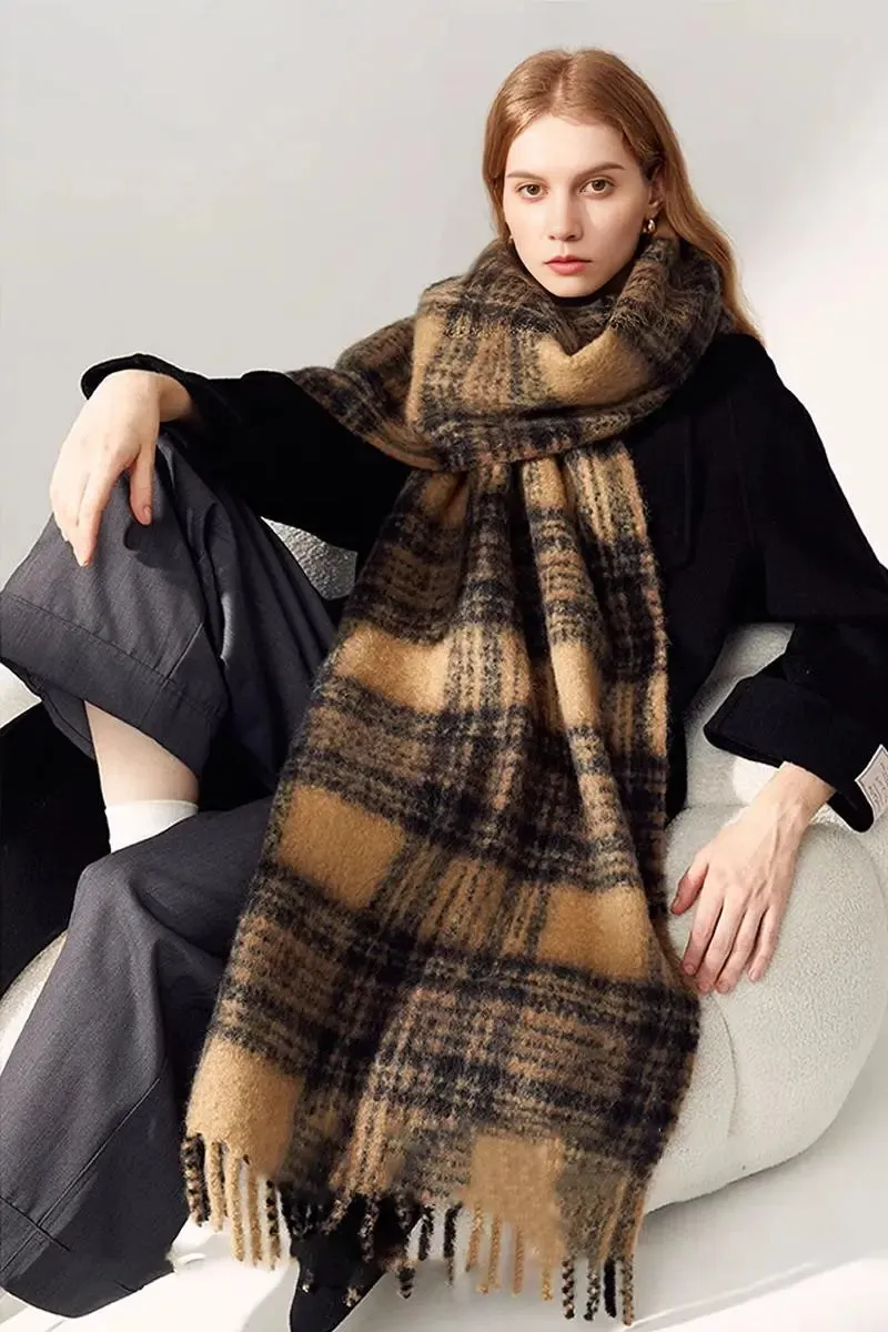 Chunky Oversized Wool Blend Plaid Blanket Scarf