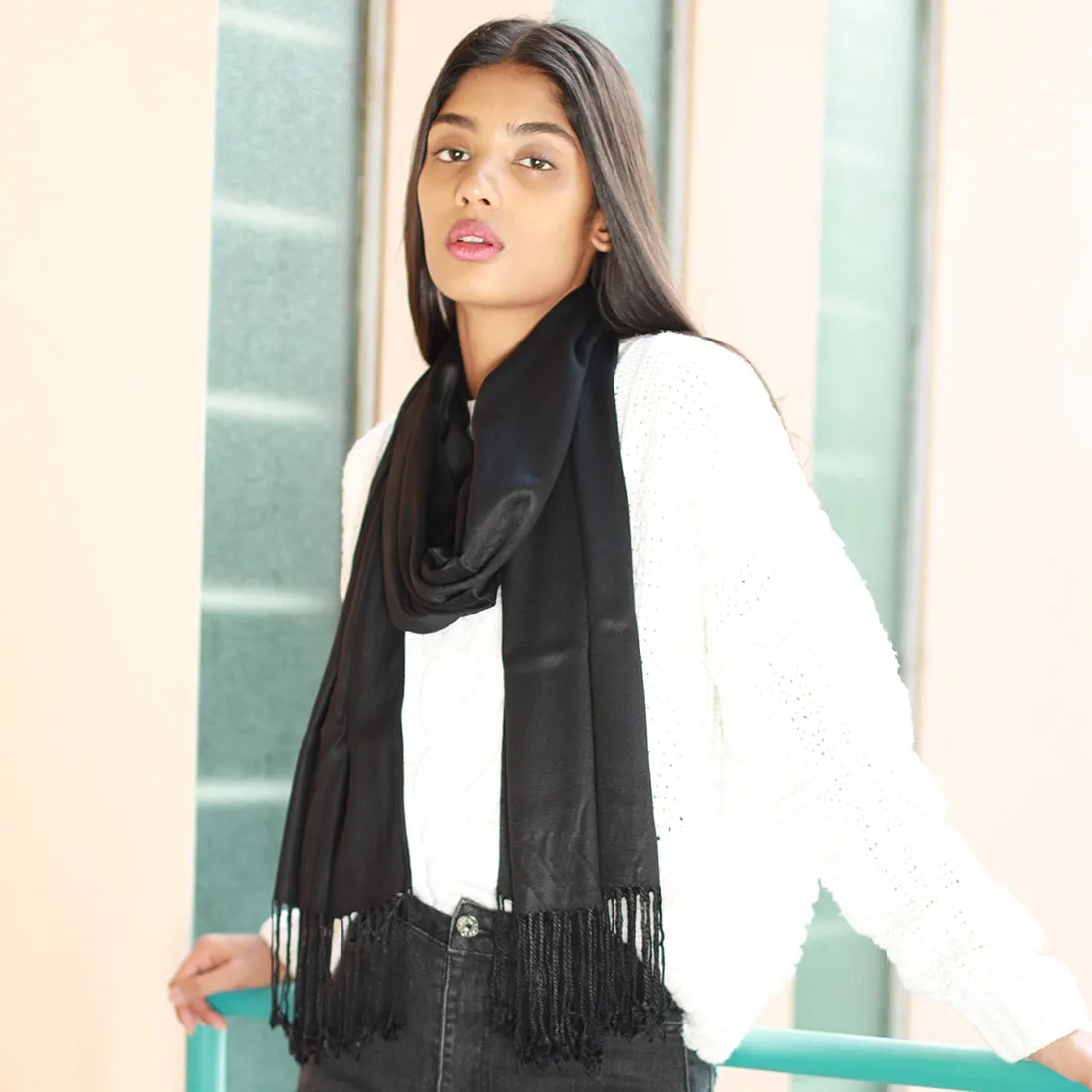 Contemporary Solid Black Satin Scarf