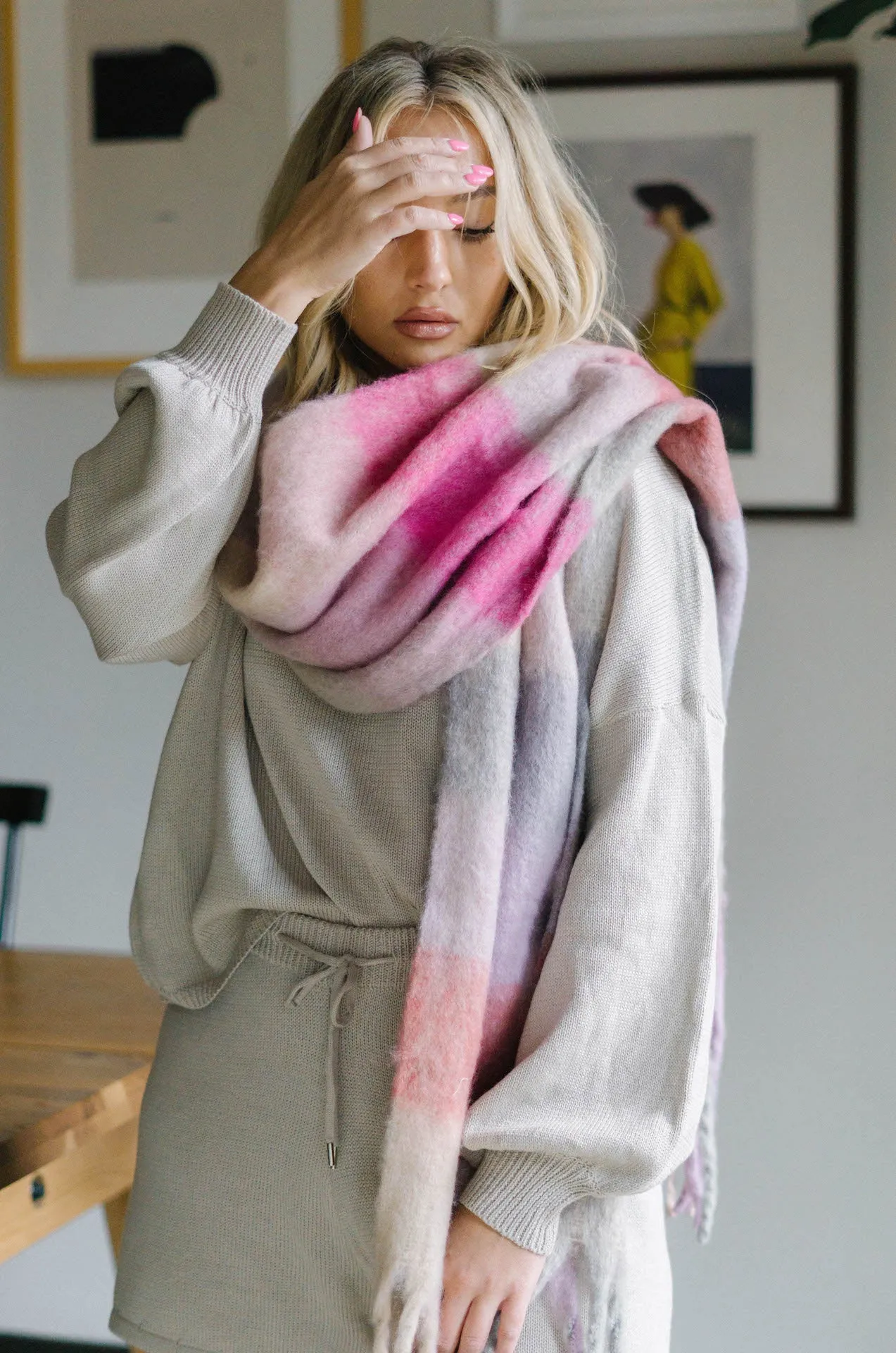 Cozy Feels Multicolor Fringe Scarf - Pink
