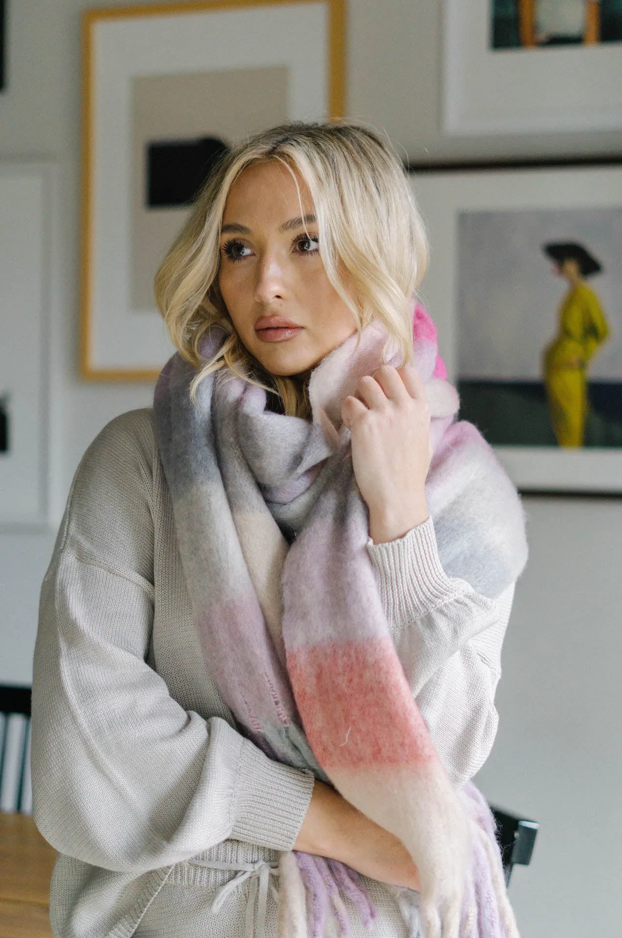 Cozy Feels Multicolor Fringe Scarf - Pink