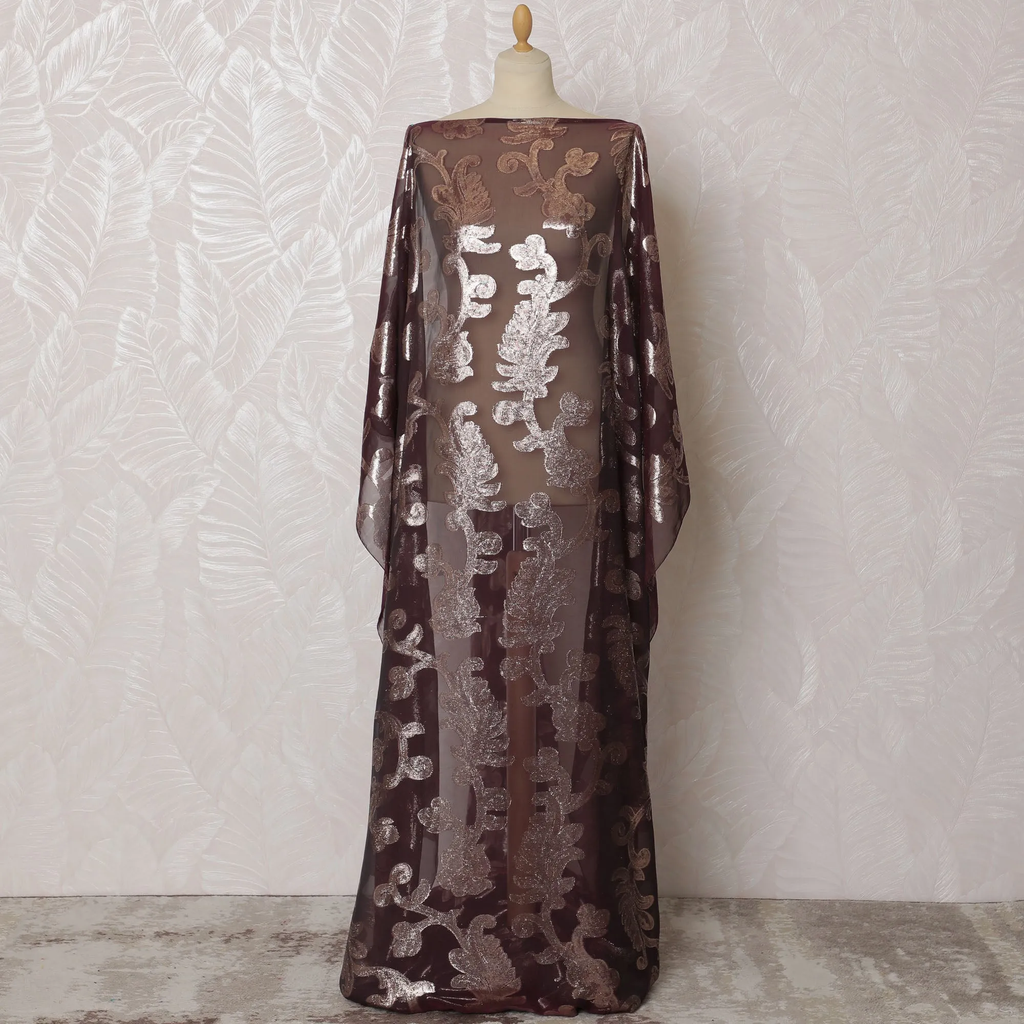 Elegant Burgundy and Silver Floral Pattern Pure French Silk (Fransawi Dirac) Chiffon Fabric – 140 cm Wide X 3.5 Mtrs-D19819