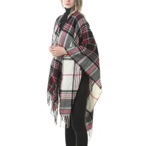 Elegant Fringed Plaid Cashmere Blend Shawl Cloak for All Seasons