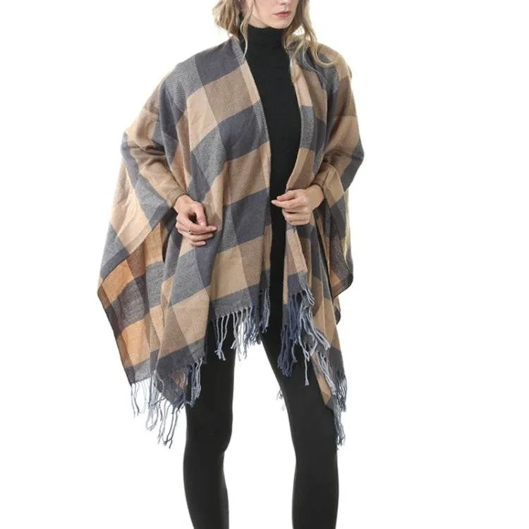 Elegant Fringed Plaid Cashmere Blend Shawl Cloak for All Seasons
