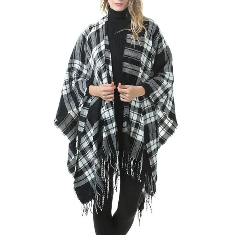 Elegant Fringed Plaid Cashmere Blend Shawl Cloak for All Seasons