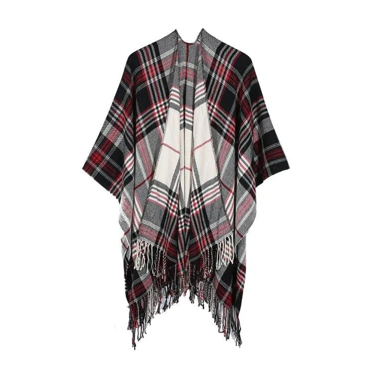 Elegant Fringed Plaid Cashmere Blend Shawl Cloak for All Seasons