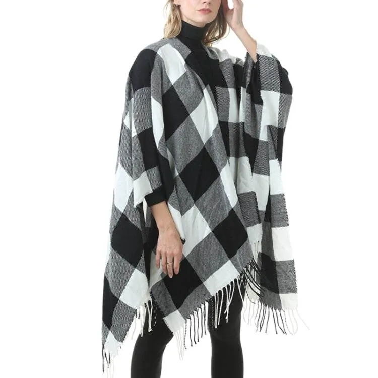 Elegant Fringed Plaid Cashmere Blend Shawl Cloak for All Seasons