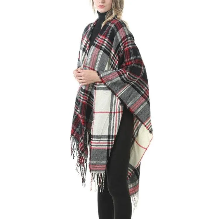 Elegant Fringed Plaid Cashmere Blend Shawl Cloak for All Seasons