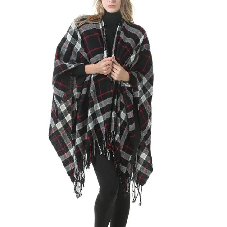Elegant Fringed Plaid Cashmere Blend Shawl Cloak for All Seasons