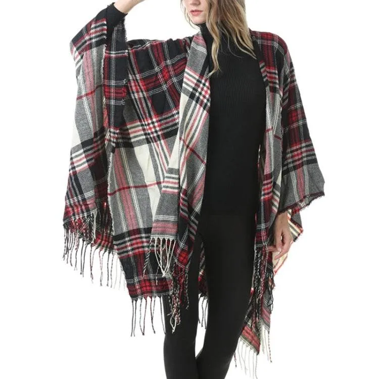 Elegant Fringed Plaid Cashmere Blend Shawl Cloak for All Seasons