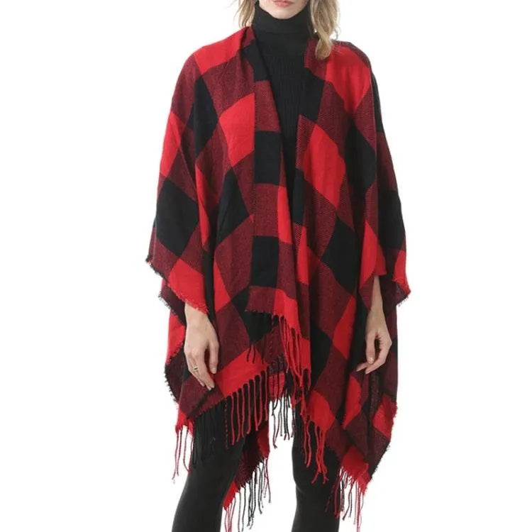 Elegant Fringed Plaid Cashmere Blend Shawl Cloak for All Seasons