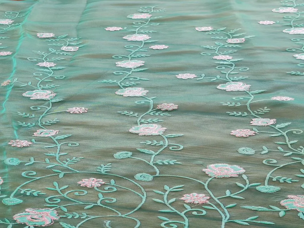 Green Floral Zardozi Embroidered Organza Fabric