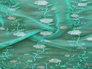 Green Floral Zardozi Embroidered Organza Fabric