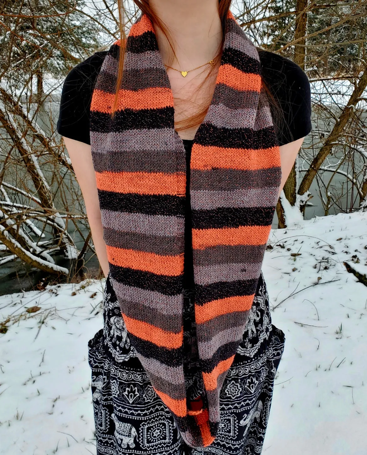 HALLOWEEN Black & Orange Wool Blend Infinity Scarf | Hand Knitted Winter Scarf | USA Made