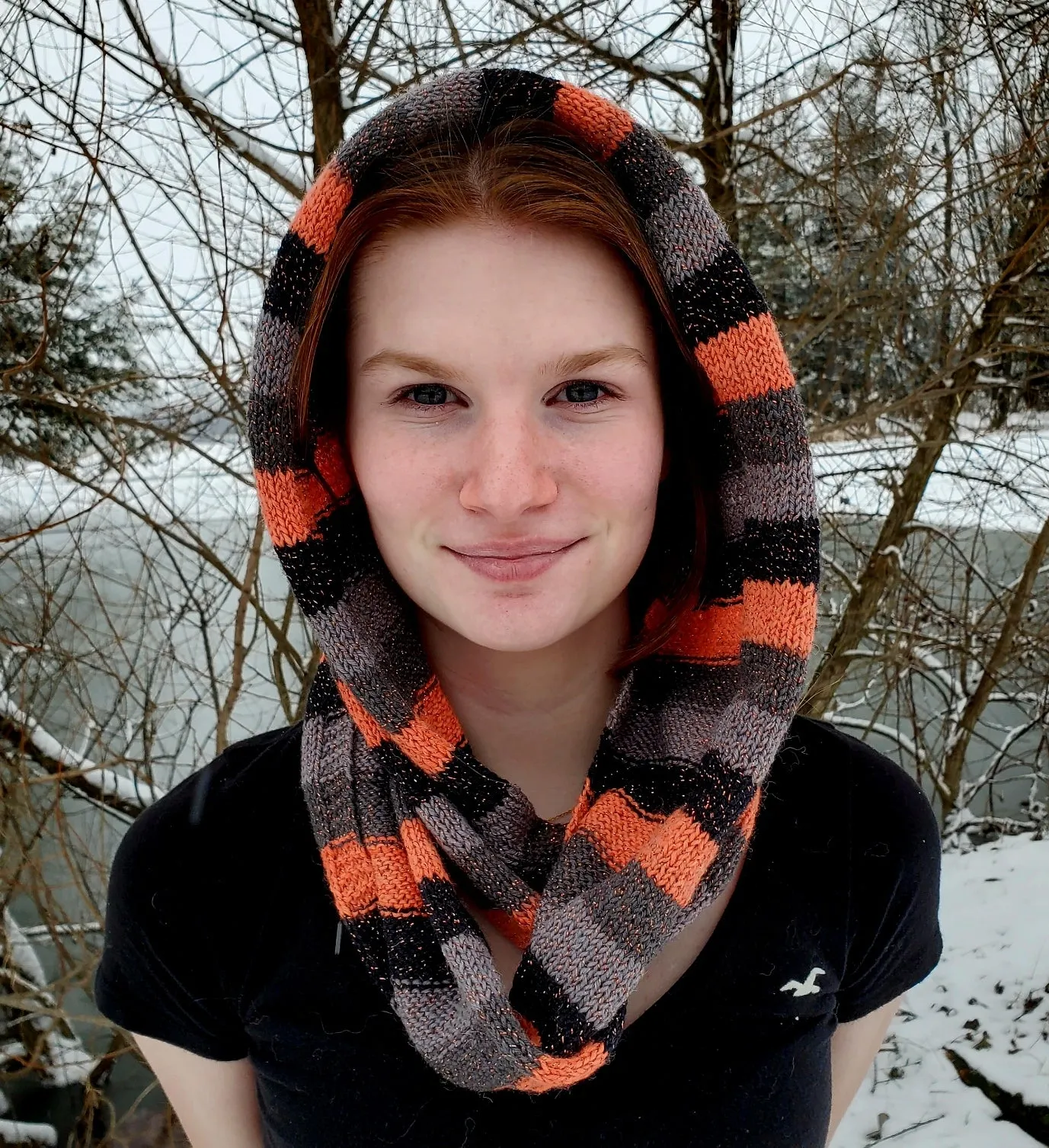 HALLOWEEN Black & Orange Wool Blend Infinity Scarf | Hand Knitted Winter Scarf | USA Made