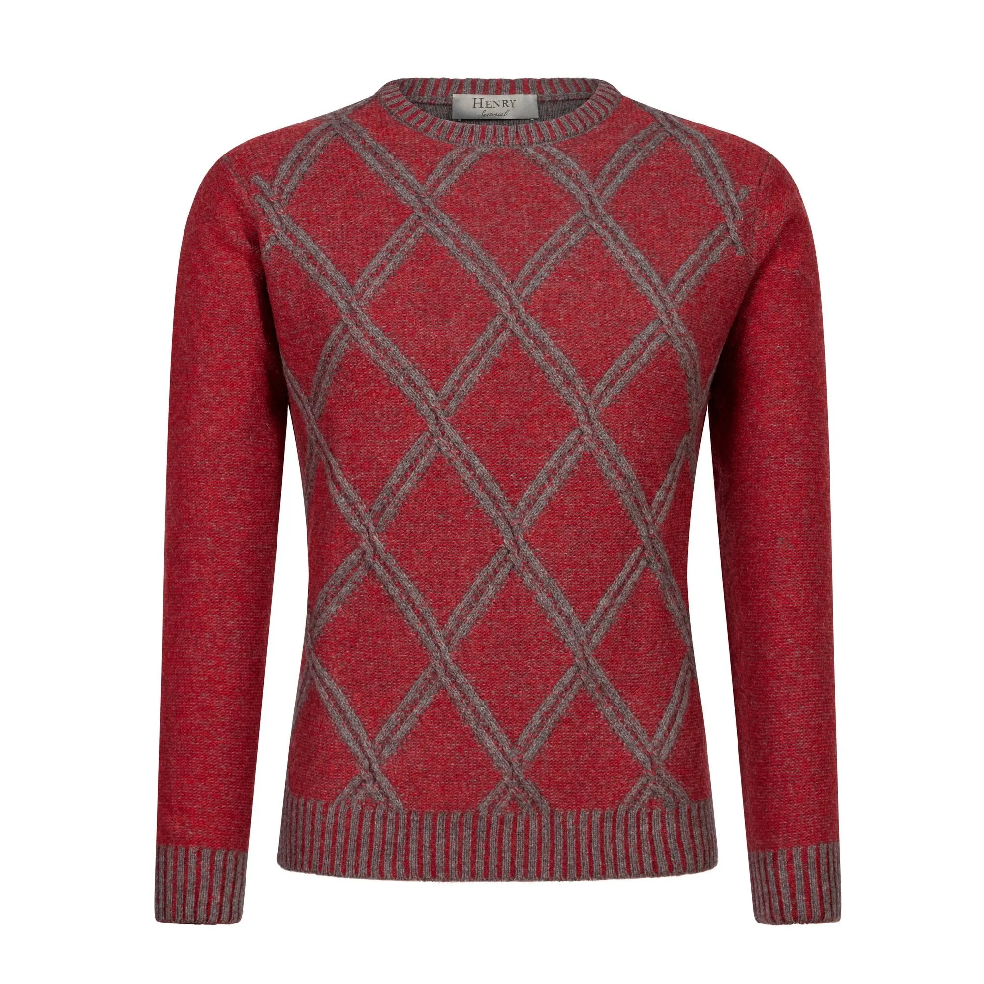 HENRY SARTORIAL Plaid Crew Neck 70% Wool 7GG RED