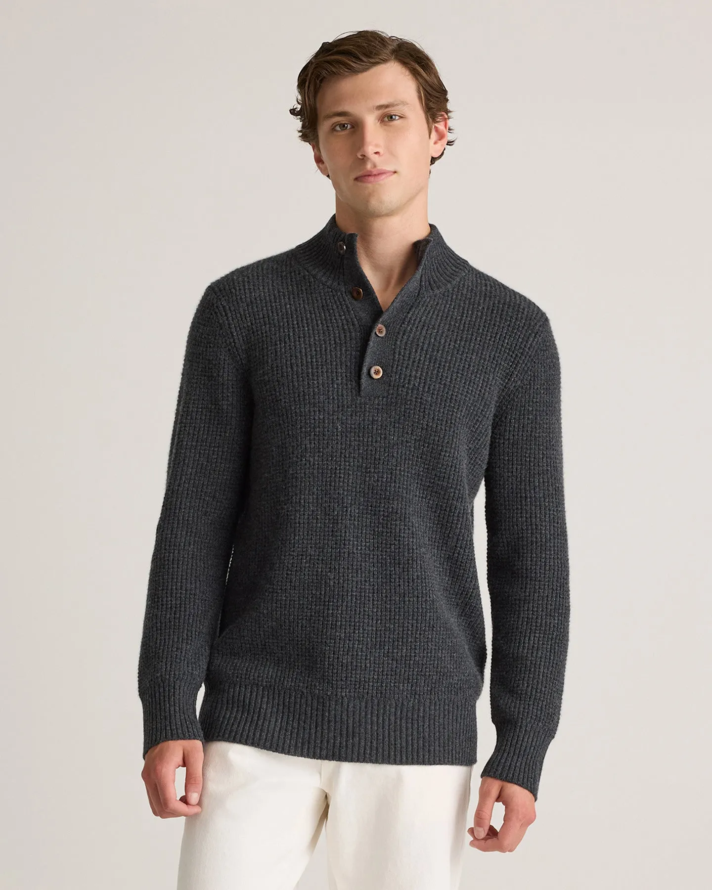 Lightweight Mongolian Cashmere Waffle Quarter Button Sweater