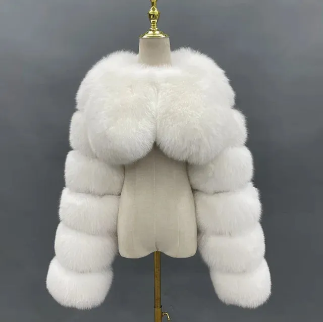 MISSJANEFUR Fur Coat Women Cropped Luxury Real Silver Fox Fur