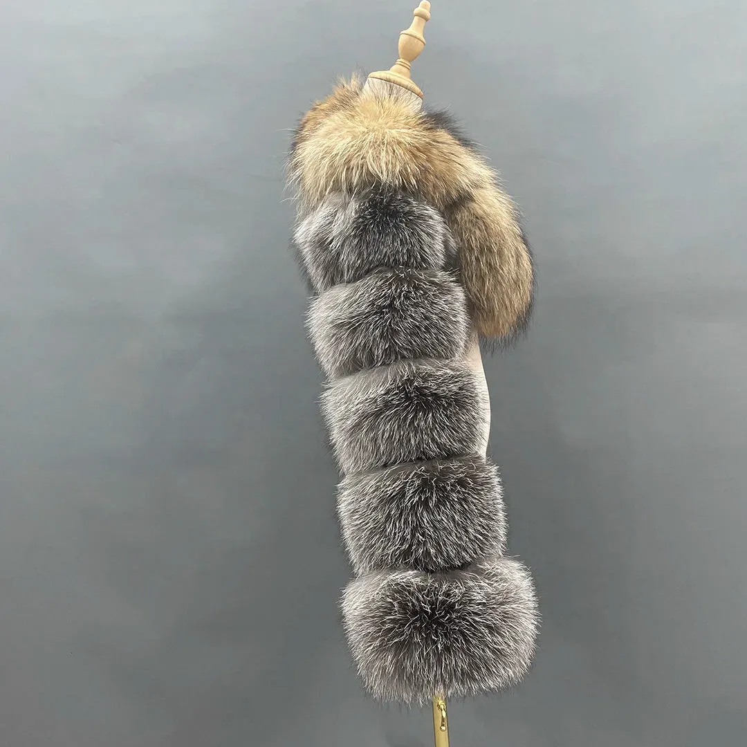 MISSJANEFUR Fur Coat Women Cropped Luxury Real Silver Fox Fur
