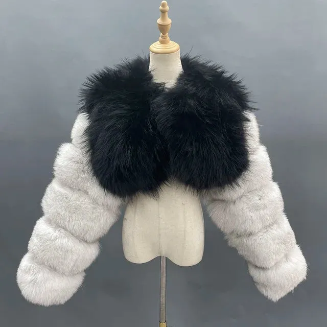 MISSJANEFUR Fur Coat Women Cropped Luxury Real Silver Fox Fur