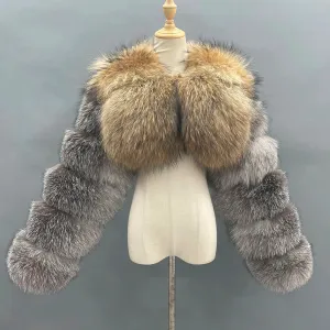 MISSJANEFUR Fur Coat Women Cropped Luxury Real Silver Fox Fur