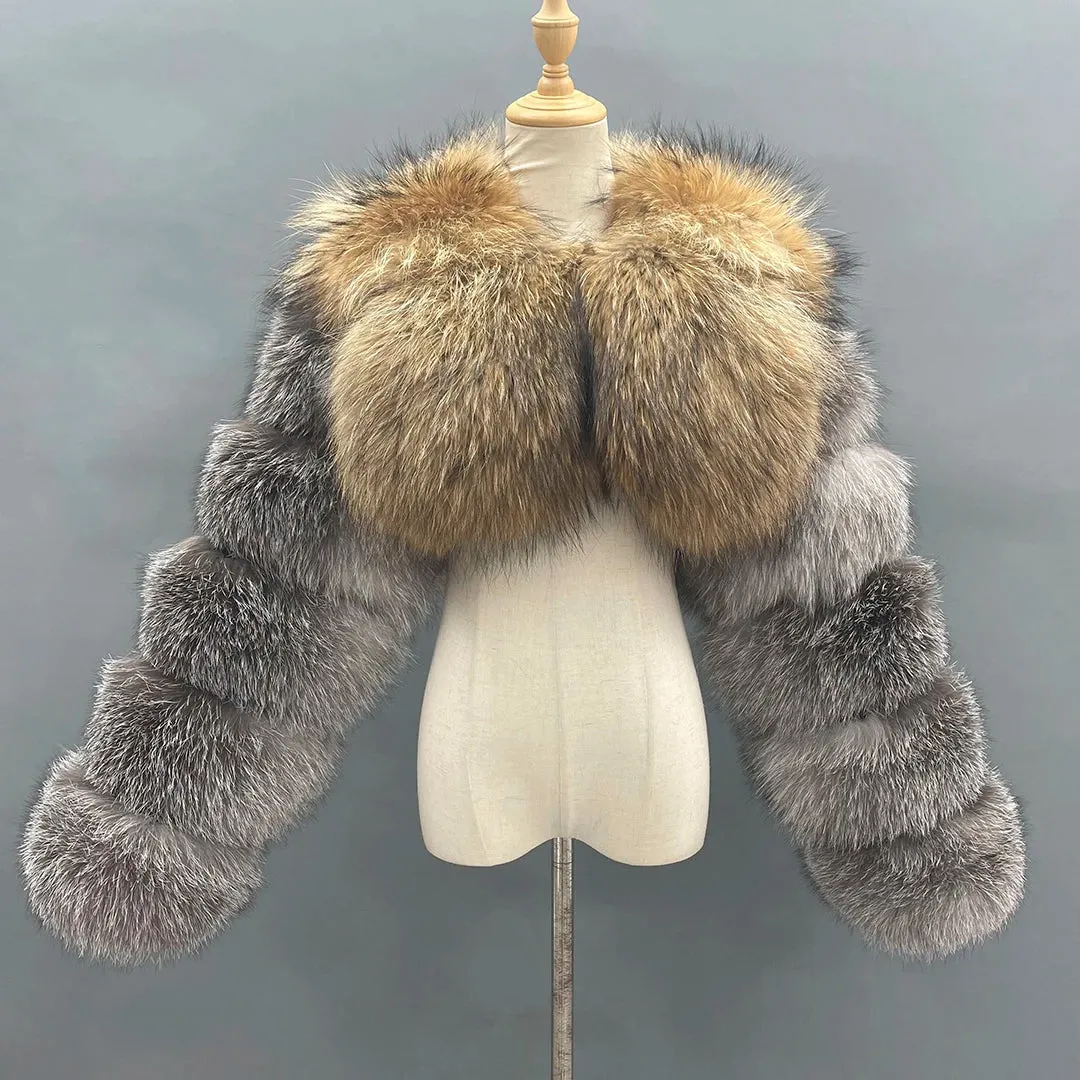 MISSJANEFUR Fur Coat Women Cropped Luxury Real Silver Fox Fur