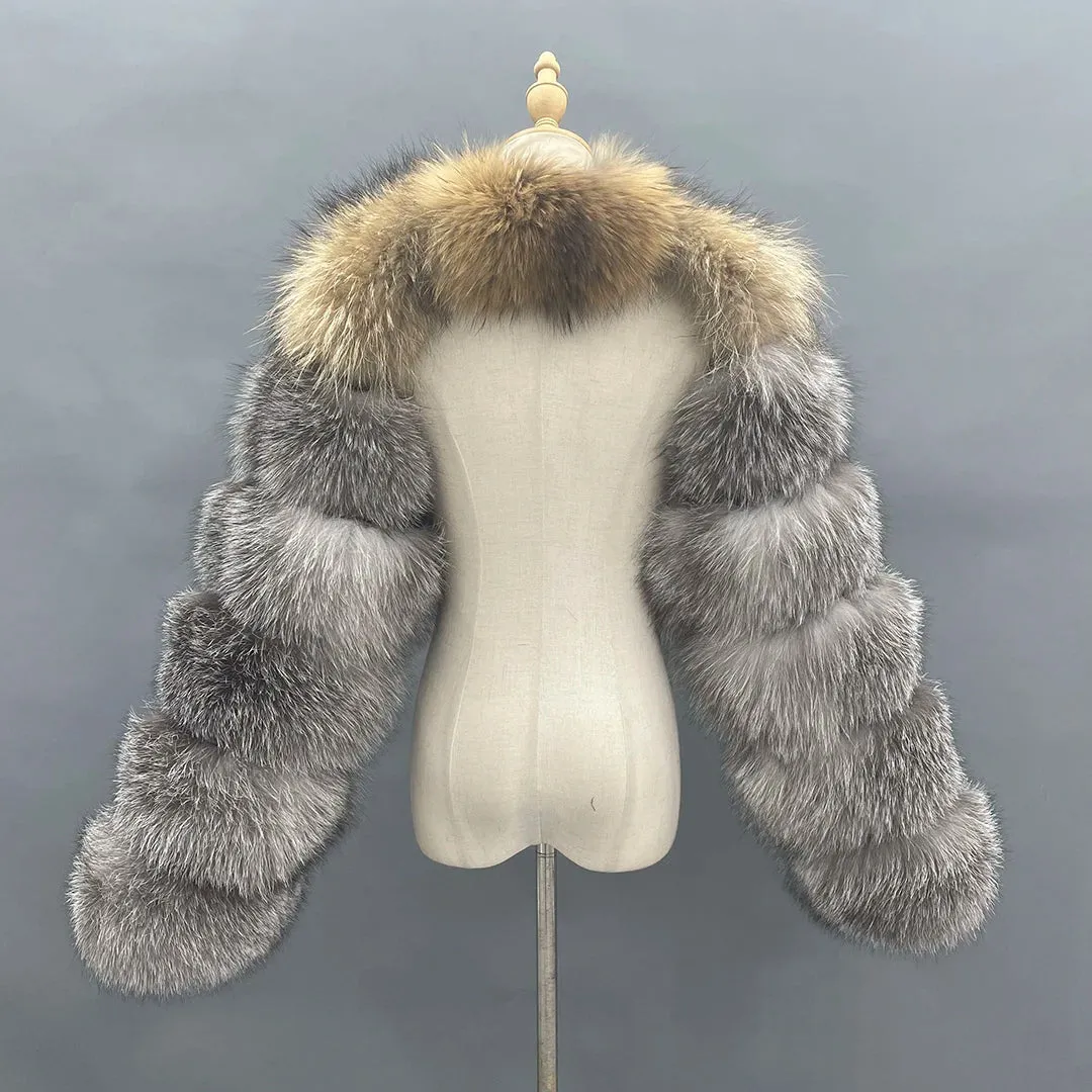 MISSJANEFUR Fur Coat Women Cropped Luxury Real Silver Fox Fur