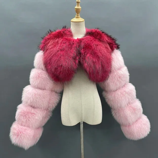 MISSJANEFUR Fur Coat Women Cropped Luxury Real Silver Fox Fur