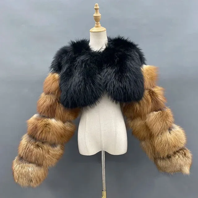 MISSJANEFUR Fur Coat Women Cropped Luxury Real Silver Fox Fur