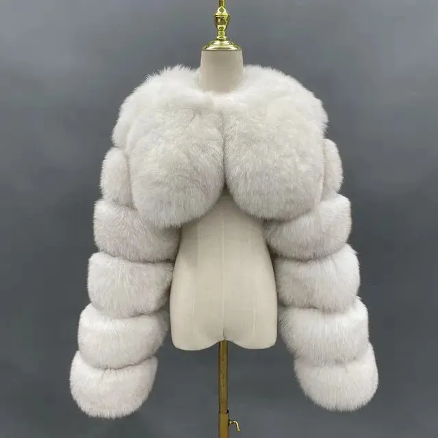 MISSJANEFUR Fur Coat Women Cropped Luxury Real Silver Fox Fur