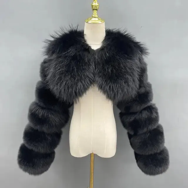 MISSJANEFUR Fur Coat Women Cropped Luxury Real Silver Fox Fur