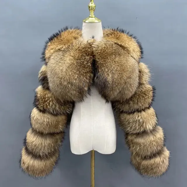 MISSJANEFUR Fur Coat Women Cropped Luxury Real Silver Fox Fur