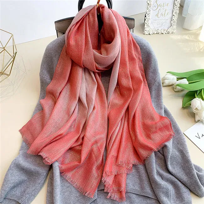 New Fashion Plain Ombre Lurex Glitter Viscose Scarf Shawl Lady High Quality Gradient Pashmina Fringe Stole Bufandas Muslim Hijab