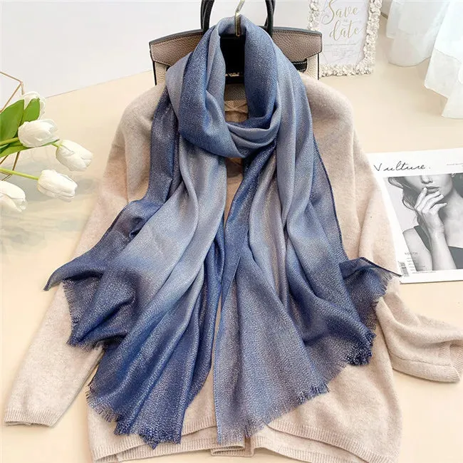 New Fashion Plain Ombre Lurex Glitter Viscose Scarf Shawl Lady High Quality Gradient Pashmina Fringe Stole Bufandas Muslim Hijab
