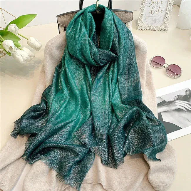 New Fashion Plain Ombre Lurex Glitter Viscose Scarf Shawl Lady High Quality Gradient Pashmina Fringe Stole Bufandas Muslim Hijab