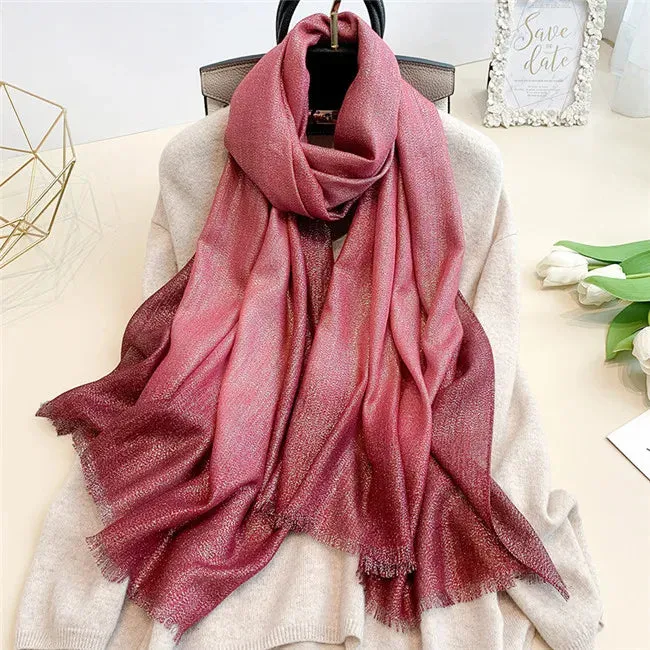 New Fashion Plain Ombre Lurex Glitter Viscose Scarf Shawl Lady High Quality Gradient Pashmina Fringe Stole Bufandas Muslim Hijab