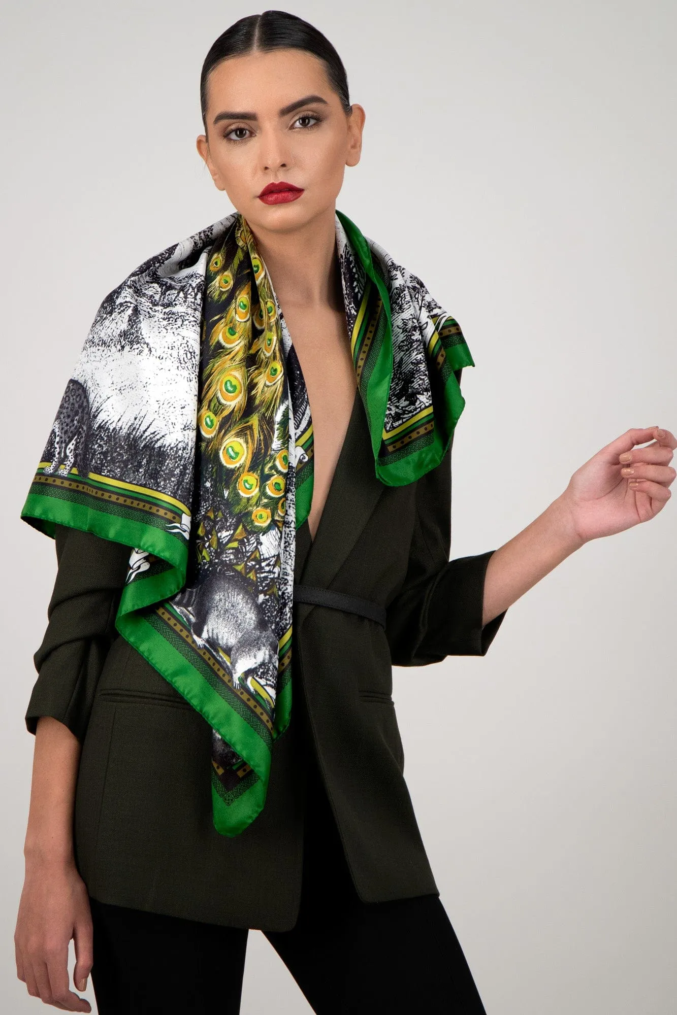 Peacock Feathers - Green Silk Scarf