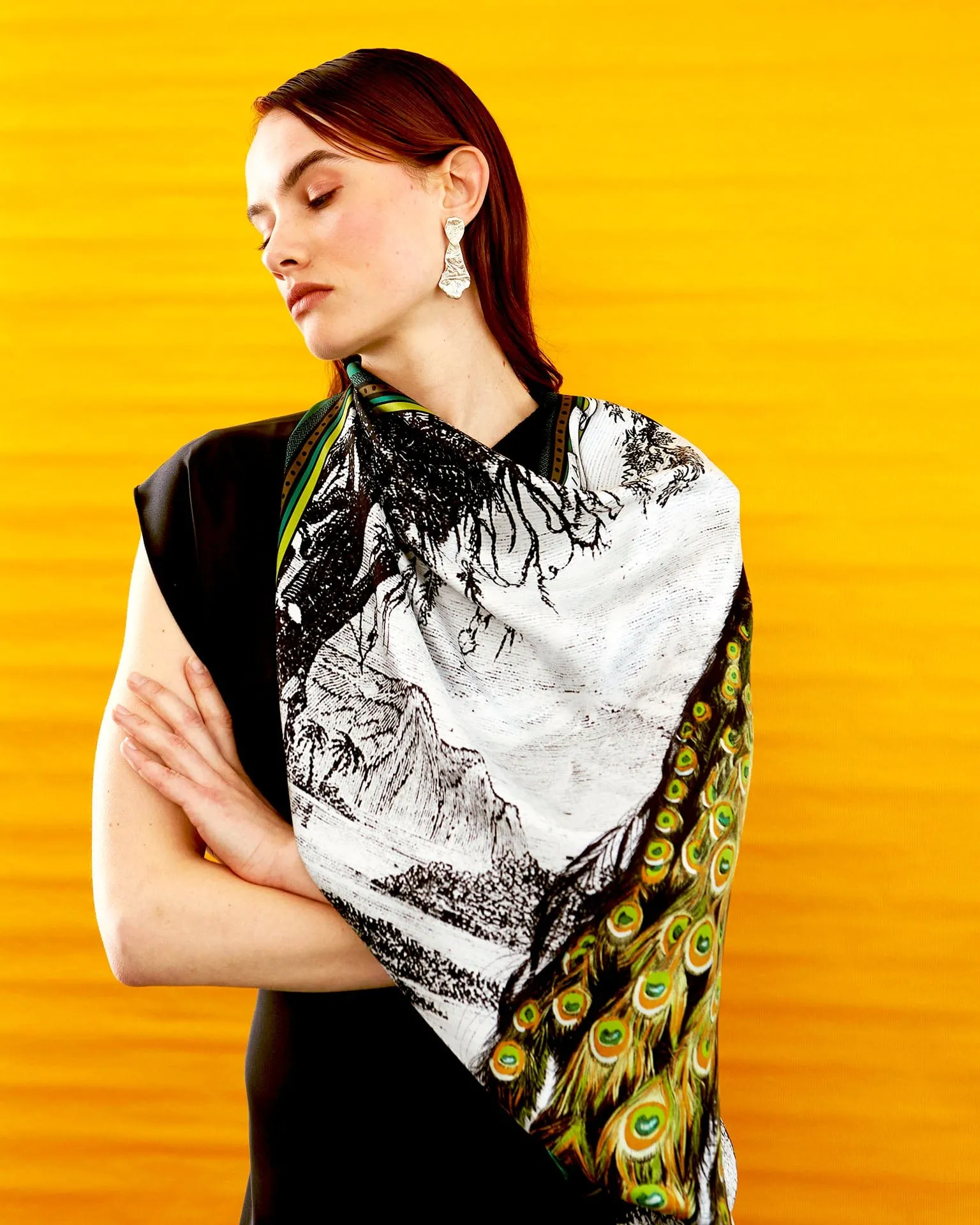 Peacock Feathers - Green Silk Scarf
