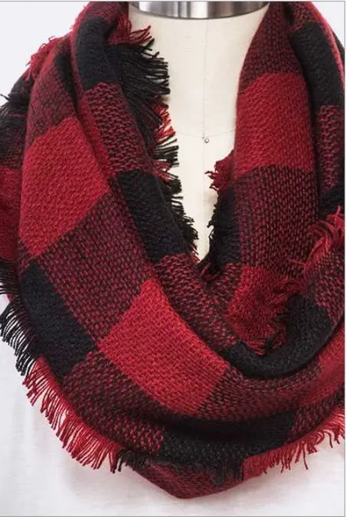 Raw Edge Plaid Pattern Infinity Scarf
