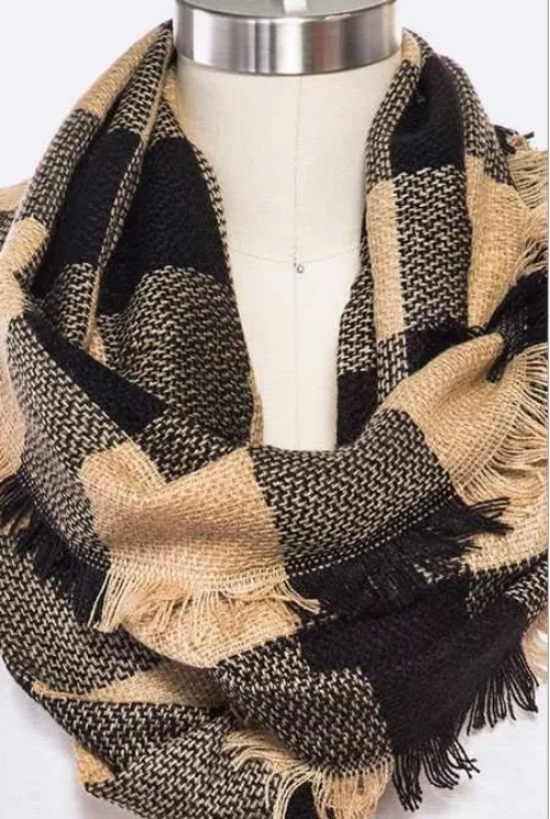 Raw Edge Plaid Pattern Infinity Scarf