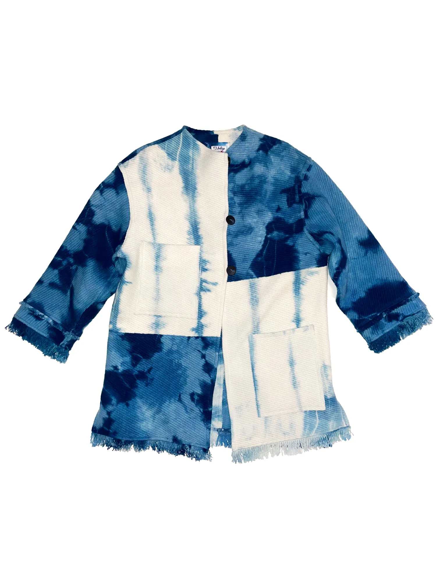 Shibori Patchwork Wool Coat – White and Indigo