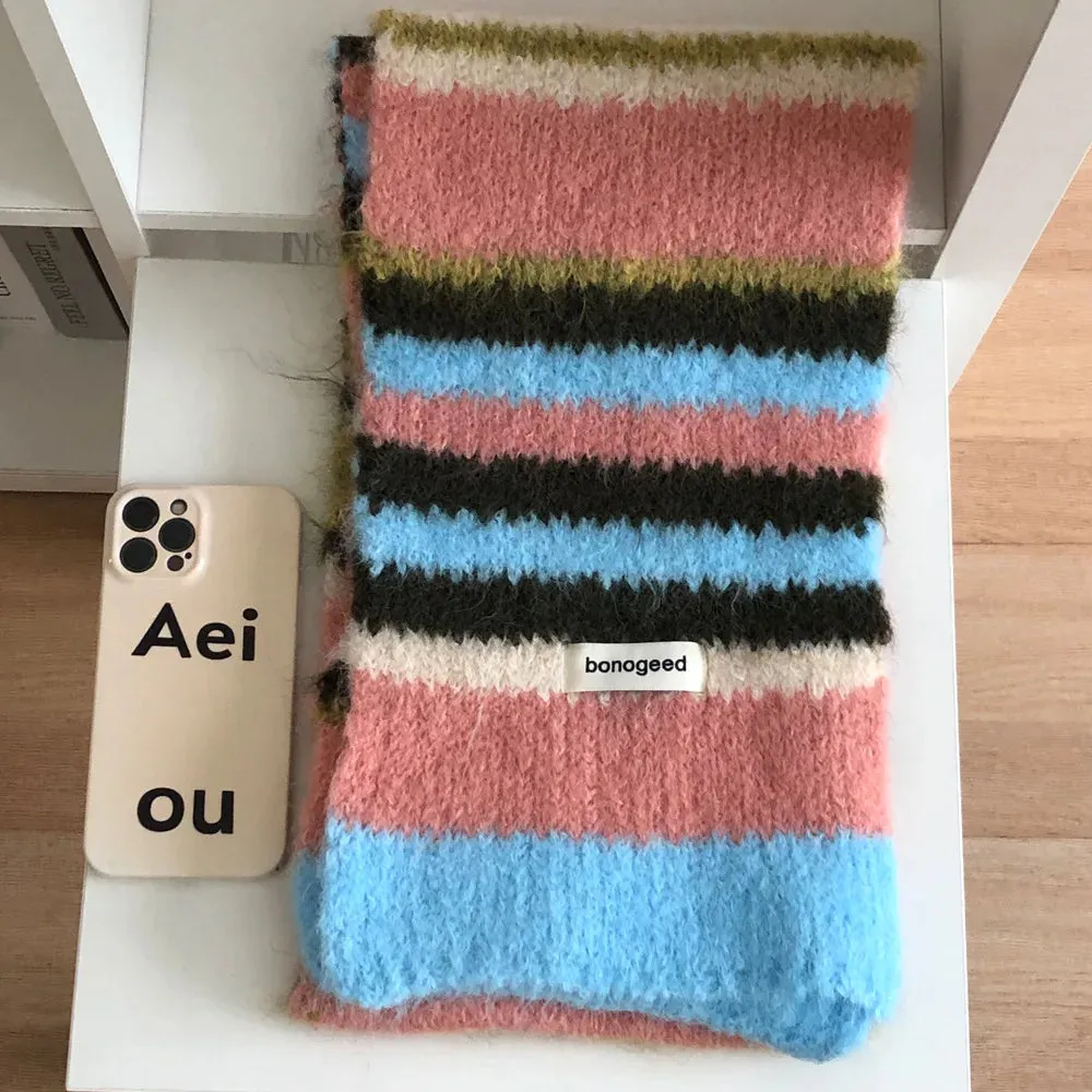 Sohiwoo Winter Striped Knitted Scarves For Women&Men Scarf Shawl Autumn Winter Warm Wraps Scarf Female Neck Scarf Shawls Unisex Scarves